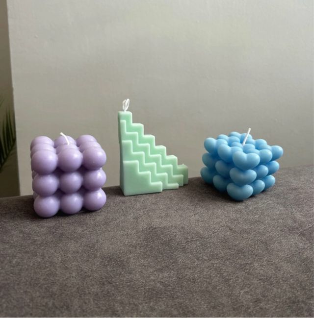 Set 3 Velas Decorativas Corazón, Escalera, Burbuja