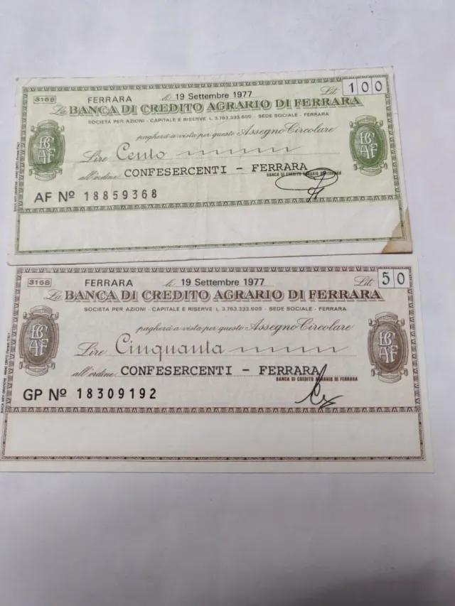Miniassegni Banca di Credito Agrario di Ferrara