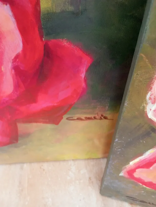 3 Cuadros Rosas Rojas Pintadas a Mano