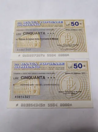 2 Miniassegni Banca Popolare di Milano 1977