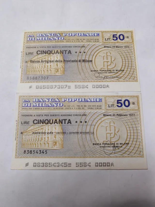 2 Miniassegni Banca Popolare di Milano 1977