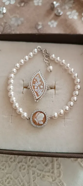 Set Bracciale Perle e Cammei Naturali Argento 925