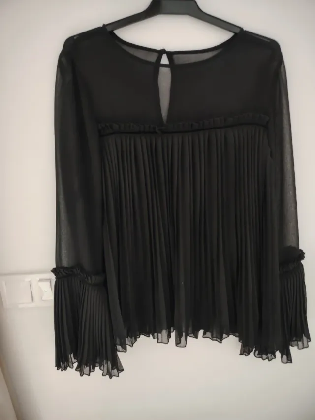 Camisa negra plisada y transparente