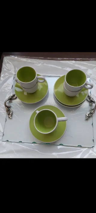 Juego 6 Tazas y Platos Porcelana Verde/Blanco
