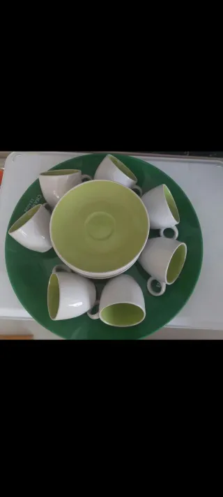 Juego 6 Tazas y Platos Porcelana Verde/Blanco