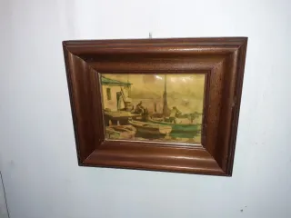 Cuadro antiguo marinero con barcas 26x21x3.ver