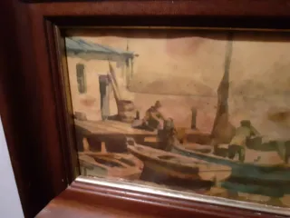 Cuadro antiguo marinero con barcas 26x21x3.ver