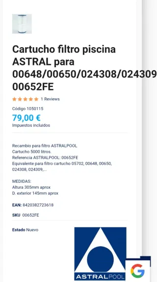 Cartucho Filtro Piscina AstralPool. 5000L. Nuevo.