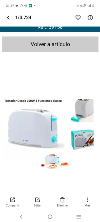 Tostador Dcook Blanco 750W 3 Funciones