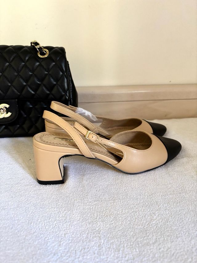 Zapatos Slingback Tacón Bicolor Beige y Negro