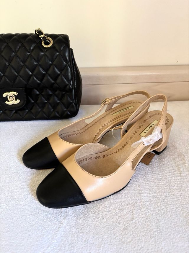 Zapatos Slingback Tacón Bicolor Beige y Negro