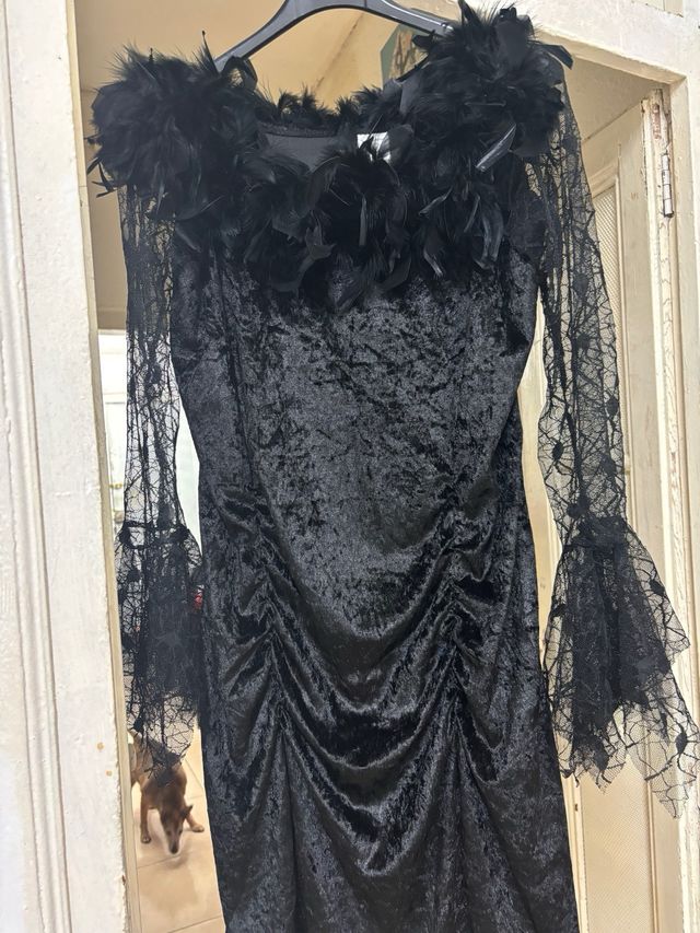 Disfraz negro con plumas y encaje