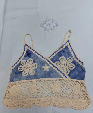 Top Crochet Flores Beige/Azul
