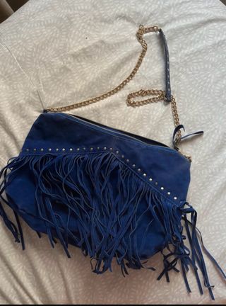 Bolso bandolera ante azul flecos Blanco
