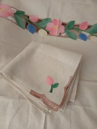 Mantelería Lino Rústico Flores Rosas y Azules