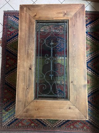 Tavolino Legno e vetro con decorazione in ferro