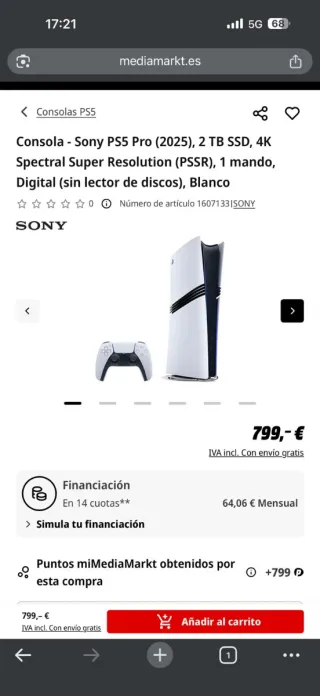 Consola Sony PS5 Pro 2TB Blanca