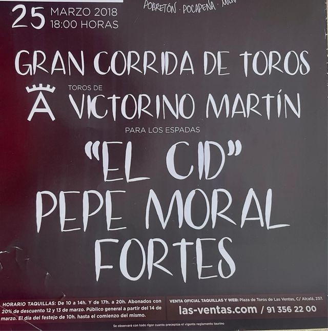 CARTEL DE TOROS DE MADRID, MARZO 2018