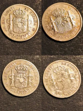 Monedas 1 peseta y 50 céntimos plata