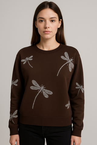 Felpa marrone con libellule in strass