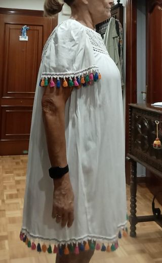 Vestido Ibicenco Blanco con Flecos Multicolor