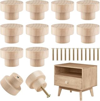 12 Pomos Redondos de Madera Natural