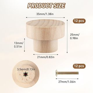 12 Pomos Redondos de Madera Natural