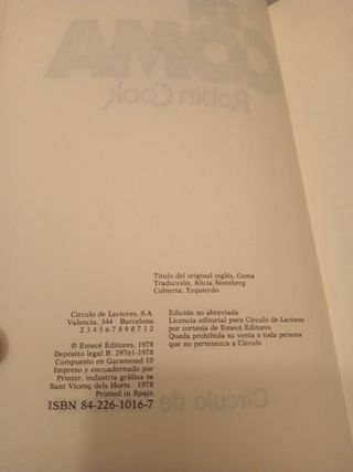 "En coma"-Robin Cook-2€+regalo