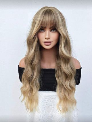 Peluca larga rubia mechas pelo sintético calidad