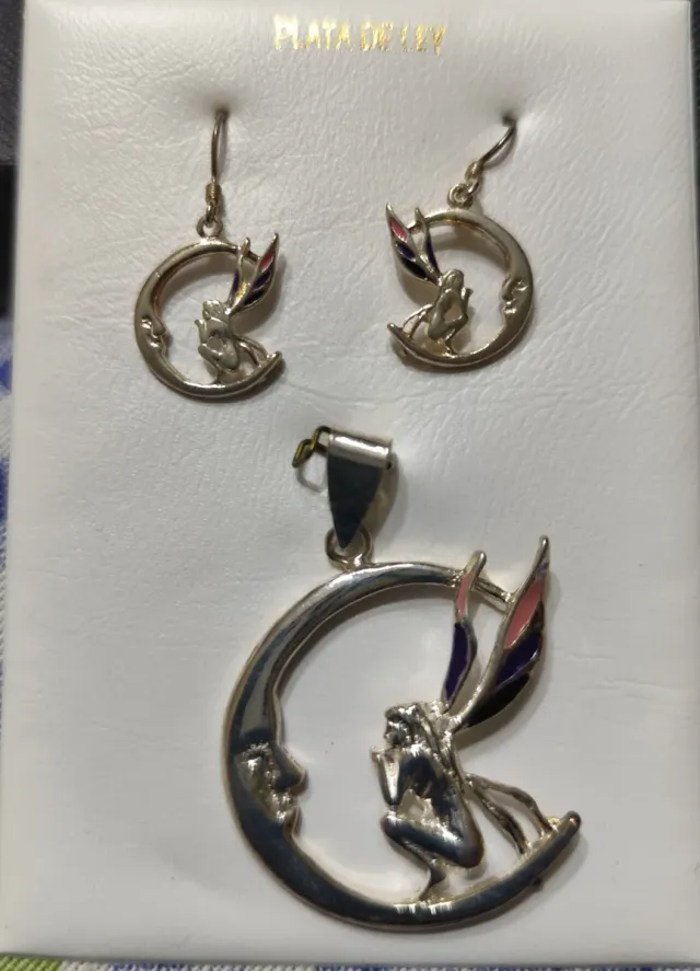 Juego Plata Hada Luna Colgante Pendientes