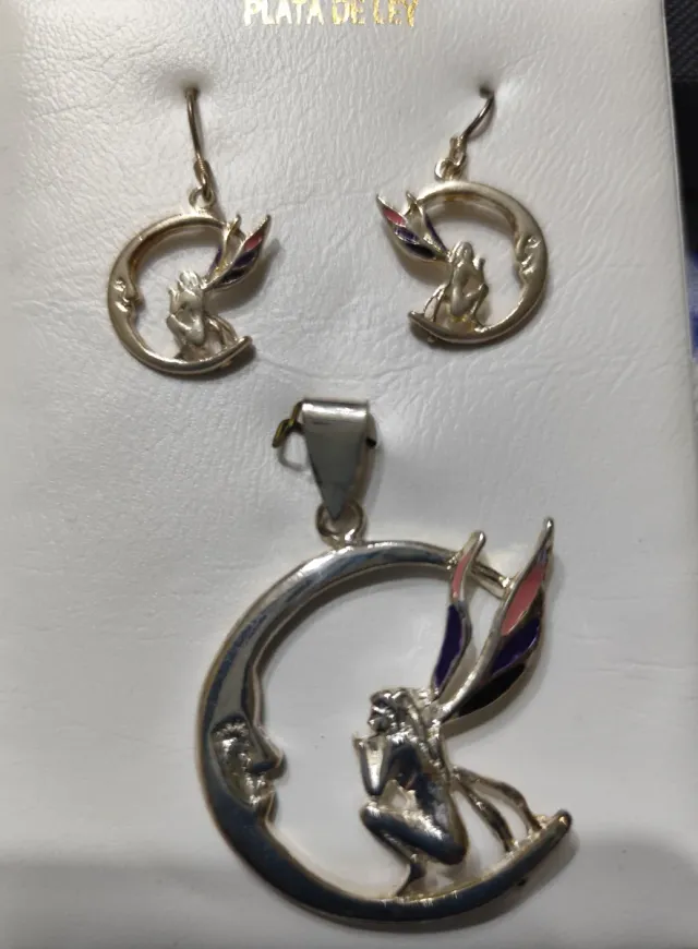 Juego Plata Hada Luna Colgante Pendientes