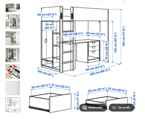 Cama infantil con escritorio, cajonera y armario