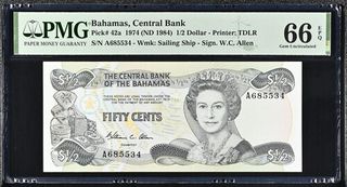 Billete Bahamas 1/2 Dollar 1974 PMG 66 EPQ