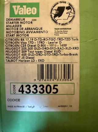 Motor Arranque Valeo 433305 Citroen Peugeot Talbot