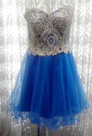 Vestido fiesta corto azul y dorado T.36