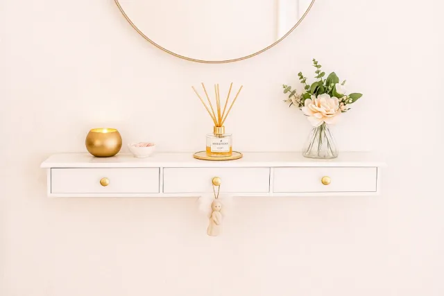 Consolle reception bianca e dorata a 3 cassetti