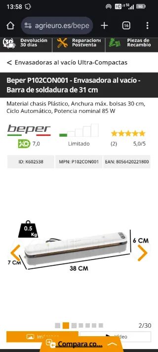 Envasadora al vacío Beper P102CON001