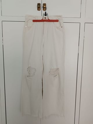 Pantalón vaquero ancho mujer blanco roto
