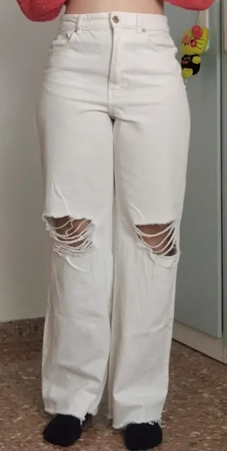 Pantalón vaquero ancho mujer blanco roto