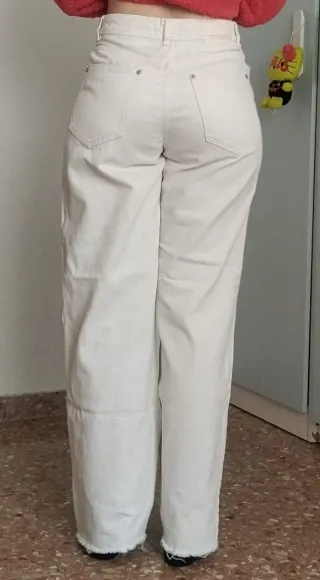 Pantalón vaquero ancho mujer blanco roto