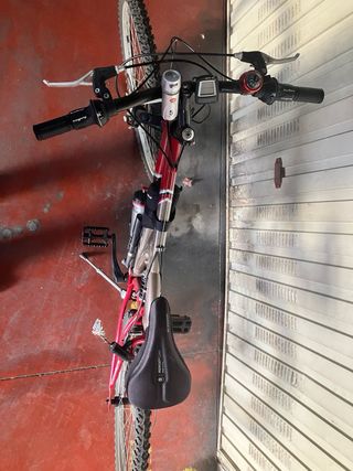 Bicicleta de montaña roja y plateada