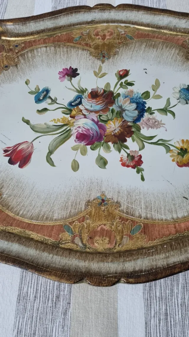 Vassoio vintage decorato fiori oro