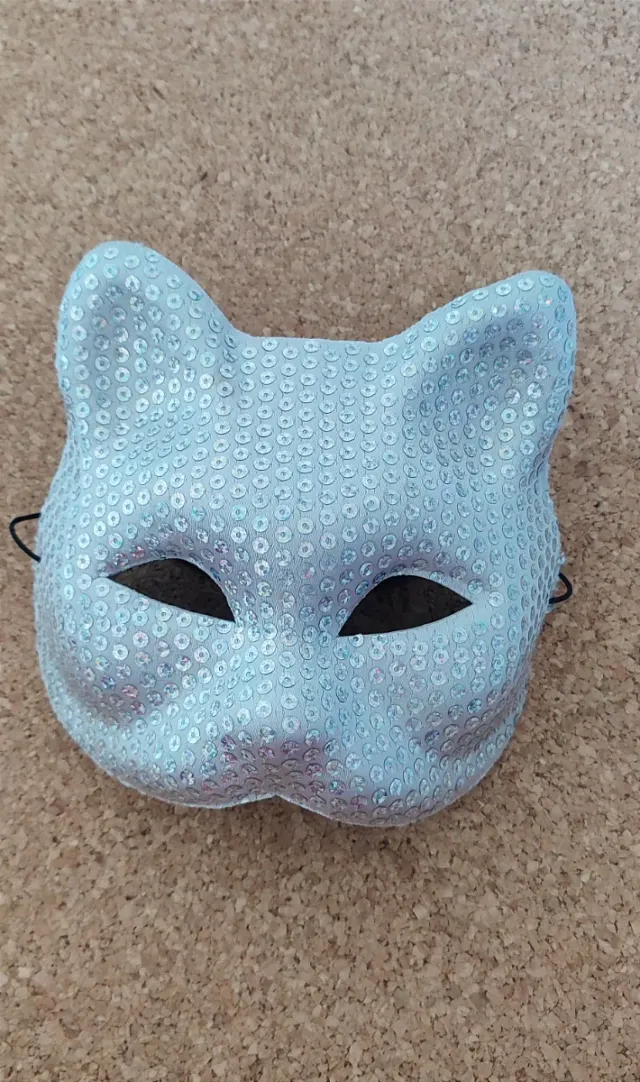 Máscara/antifaz gato lentejuelas plateadas