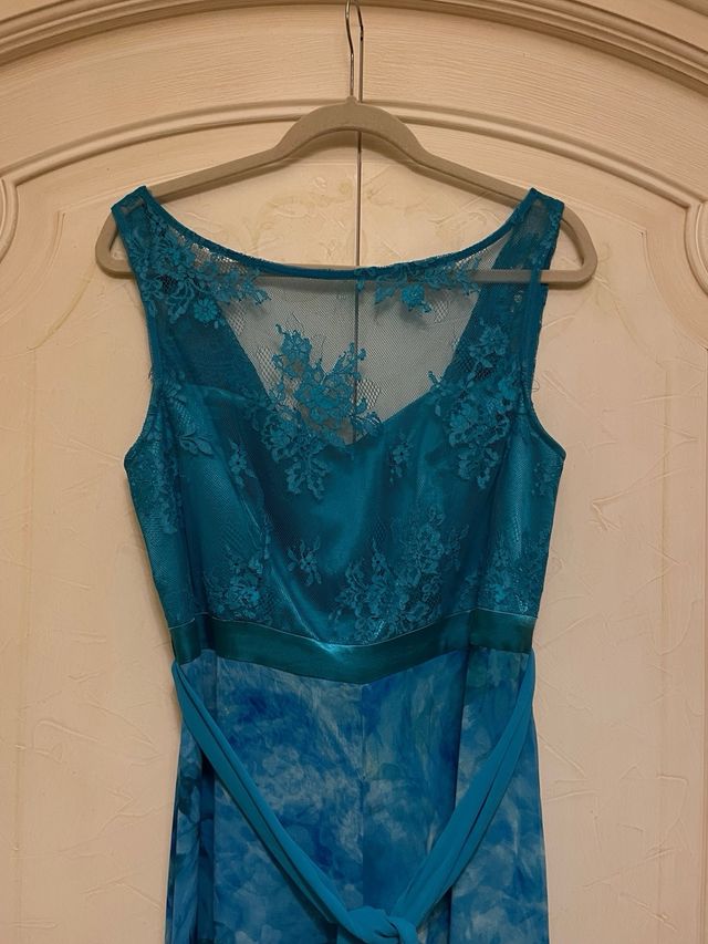 Abito lungo blu e petrolio con stampa floreale