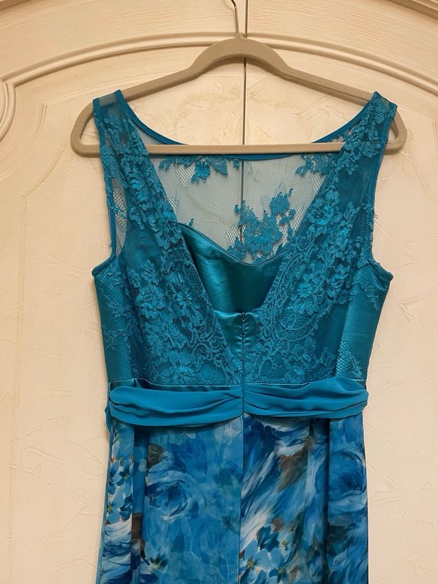 Abito lungo blu e petrolio con stampa floreale