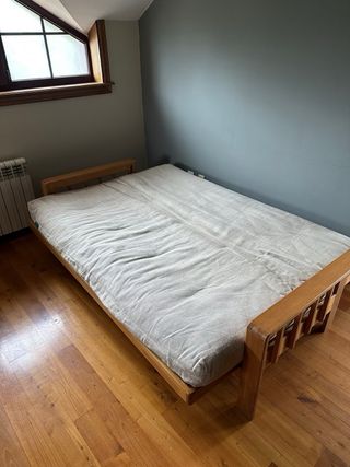 Sofá Cama Futón Madera y Tela Beige-Gris