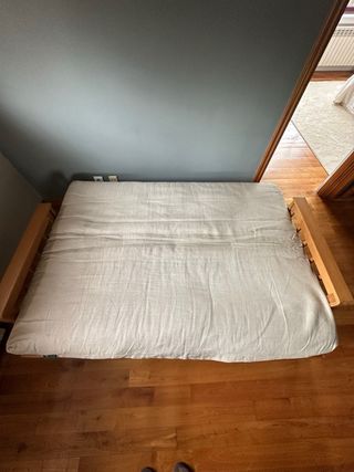 Sofá Cama Futón Madera y Tela Beige-Gris