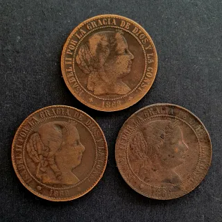 España 3 monedas 2,5 cént. escudo 1868, Isabel II