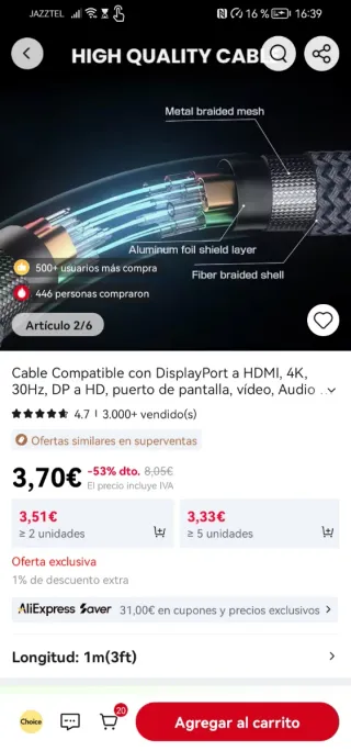 Cable Displayport a HDMI 4K 60Hz