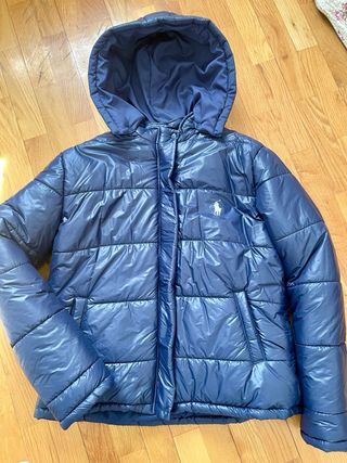 plumón azul marino brillante capucha desmontable